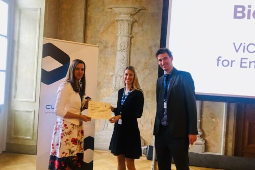 Sonja Baumgartner, finalist of ViCEM Best PhD Thesis Award 2019 with ViCEM respresentative, and representative of sponsor Cubicure