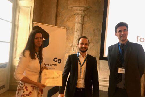 Emir Benca, winner of ViCEM Best PhD Thesis Award 2019 with ViCEM respresentative, and representative of sponsor Cubicure