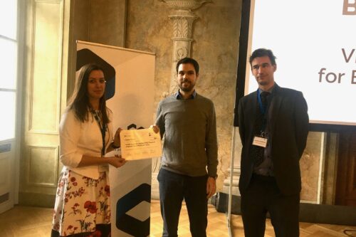 Florian Thürk, finalist of ViCEM Best PhD Thesis Award 2019 with ViCEM respresentative, and representative of sponsor Cubicure