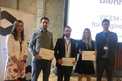 Gewinner und Finalisten des Dissertationspreises 2019 mit ViCEM Vertreter und Vertreterin des Sponsors Cubicure