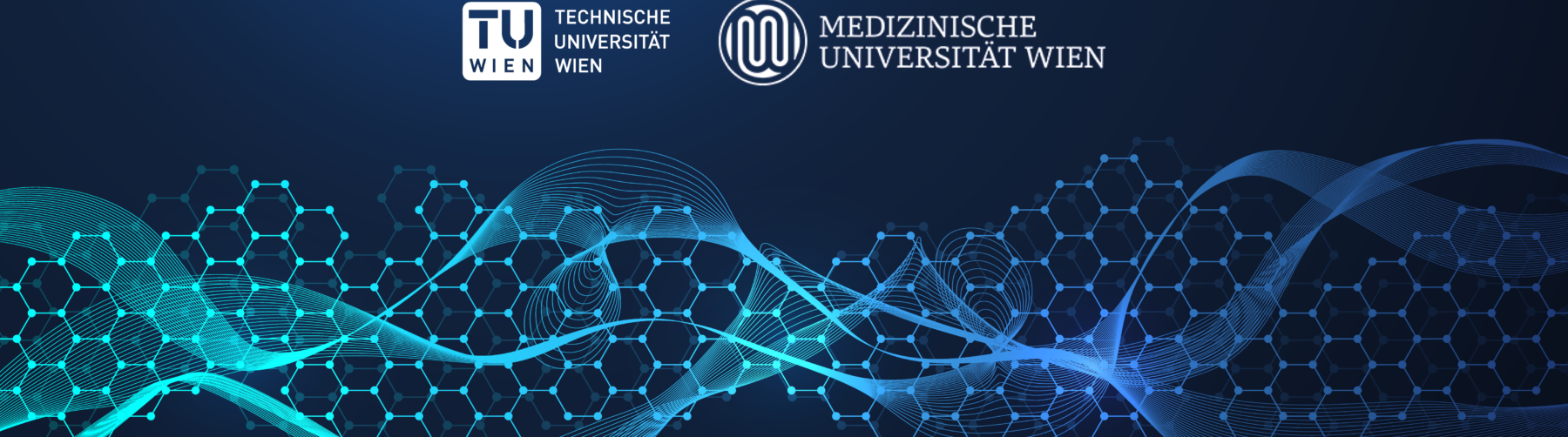 Logos der TU Wien und der Medizinische Universität Wien vor einem blau-türkisen abstrakten Hintergrund